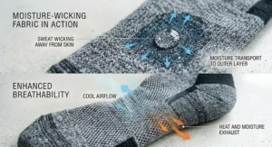 Detailed view of moisture-wicking fabric blend used in heated socks to prevent sweat buildup in heavy boots.