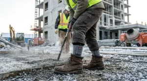 A worker standing on cold concrete wearing heated socks paired with steel-toe safety boots.