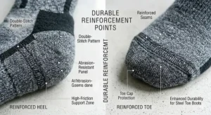 Illustration of reinforced heel and toe stitching on heated socks meant for high-friction environments like work boots.