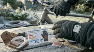 Illustration showing different commuting scenarios such as walking, cycling, and driving where rechargeable heated gloves provide comfort.