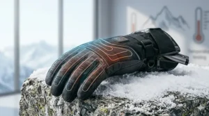 A diagram showing heating elements wrapping around the fingertips and the back of the hand in alpine skiing gloves.