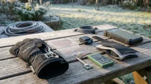 Infrared-style diagram showing the distribution of heating elements across the fingers and back of the hand in rechargeable gloves.