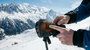 An illustration of the LED power button on the back of a heated glove indicating high, medium, and low heat settings for skiing.