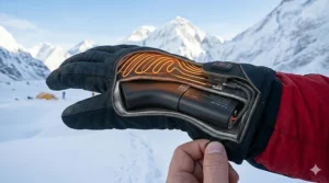 Close-up of a slim lithium-ion battery tucked into a zippered pocket on a heated mitten.