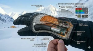 Infographic showing battery life duration for heated mittens at different temperature settings.