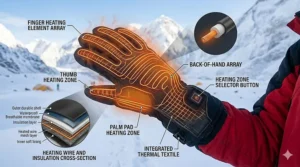 Illustration showing the internal heating elements of mittens covering fingers and back of hand.