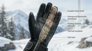 A cross-section illustration of alpine skiing heated gloves showing the waterproof membrane, thermal insulation, and heating elements.