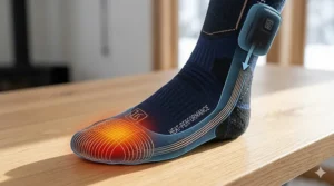 Illustration showing the placement of heating elements around the toes and sole of a ski sock.