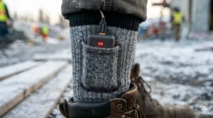 Close-up illustration of the slim battery pack tucked into a reinforced pocket at the top of a heated work sock.