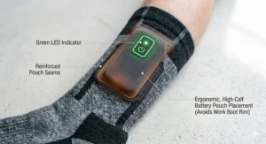 Close-up of the slim battery pack tucked into a reinforced calf pocket, designed to fit comfortably above work boots.