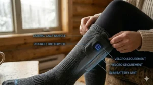 High-detail illustration of a slim battery pack fitted into the lateral pouch of a women's heated sock.