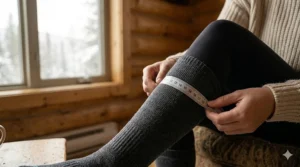 A woman measuring her calf circumference with a soft measuring tape to ensure a proper heated sock fit.