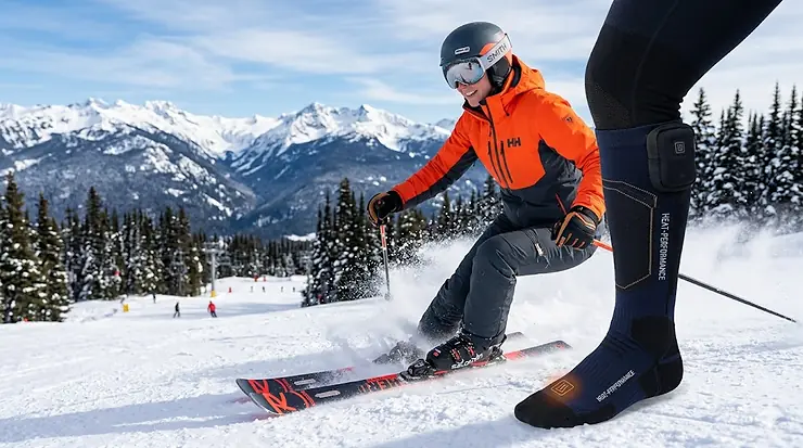 A professional skier wearing battery-powered heated socks while navigating a steep downhill slope in deep snow.