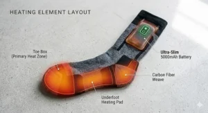 Diagram showing carbon fiber heating elements positioned around the toes and soles for use in safety boots.