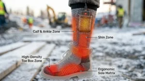 Infrared diagram showing heating elements concentrated around the toes and soles of men's thermal work socks.