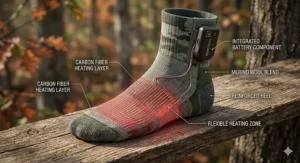 Illustration showing the placement of carbon fiber heating elements in heated socks for hunting.