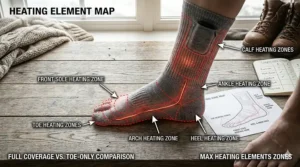 Illustration showing the placement of heating elements around the toes and soles in various heated sock models.