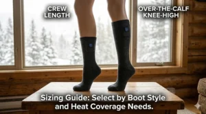 Comparison of crew length and knee-high heated socks shown on a mannequin to help women choose the right size.