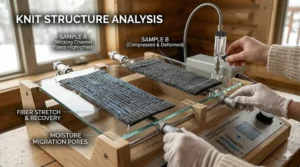 A technical knit structure analysis showing the stretch and moisture-wicking properties of heated sock fabric.