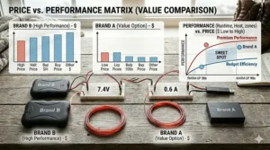 A scatter plot comparing the cost-effectiveness and performance of popular rechargeable battery heated socks.