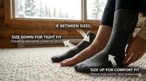 Instructional graphic showing when to size up or down for women's heated socks based on fit preference.