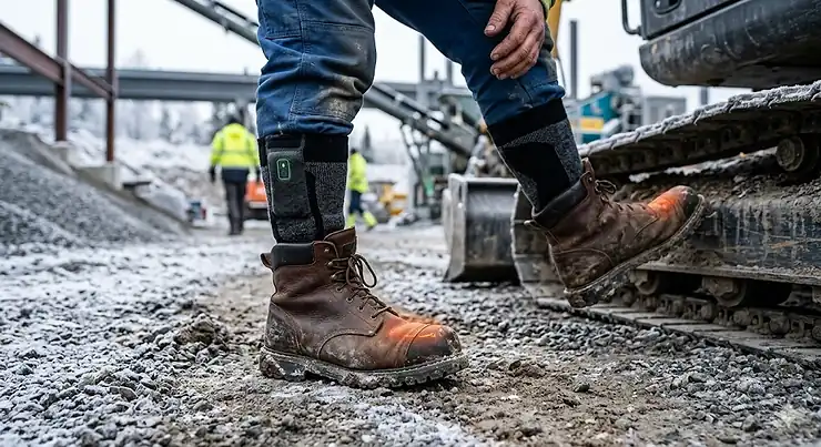 A construction worker wearing battery-powered heated socks inside heavy-duty steel toe boots on a cold outdoor job site. heated socks for steel toe boots