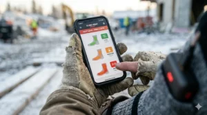 Graphic showing low, medium, and high heat settings controlled via a smartphone app for electric work socks.