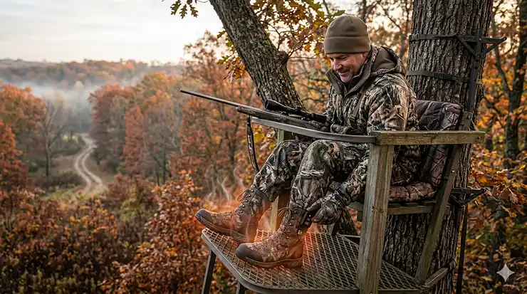 A hunter sitting in a tree stand during winter wearing battery-powered heated socks for cold weather protection. heated socks for tree stand hunting