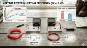 An infographic comparing the heat intensity and warm-up speed of 3.7V, 5V, and 7.4V rechargeable battery systems.