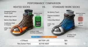 Comparison chart showing temperature retention of heated socks versus standard wool socks inside steel toe boots.