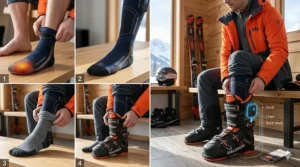 Illustration demonstrating the proper way to layer heated socks under ski boots for maximum warmth.