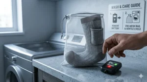 Simple illustration showing how to remove batteries before washing heated work socks in a laundry bag.