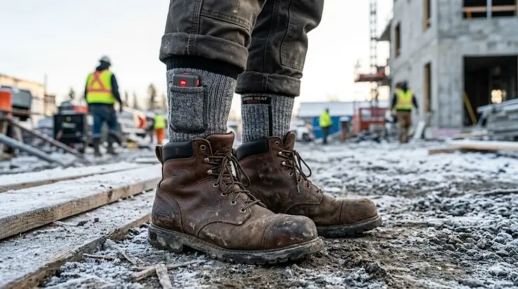 A pair of battery-powered heated socks tucked into heavy-duty leather work boots on a snowy construction site. men's heated socks for work boots