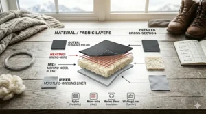 A cross-section view of heated sock fabric layers including Merino wool, electric wires, and moisture-wicking liners.