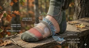 A cross-section illustration of moisture-wicking fabric used in heated socks to keep feet dry in a tree stand.