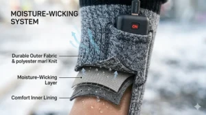 Cross-section illustration of breathable fabric layers designed to wick sweat away while maintaining heat in work boots.