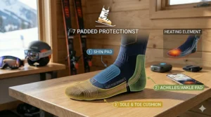 Illustration of reinforced padding on the shin and heel area of heated socks for downhill ski boot comfort.