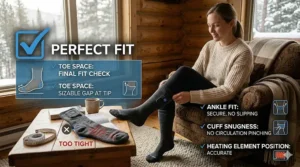 A final fit checklist overlaying a woman wearing heated socks to ensure correct toe space and heel alignment.