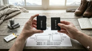 A scale comparison of different rechargeable battery packs showing thickness and weight for boot comfort.