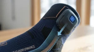 A diagram highlighting the slim battery pouch located at the top cuff of a heated downhill skiing sock.