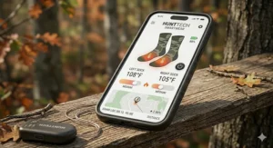 Digital illustration of a hunter using a smartphone app to adjust the temperature of their electric socks.
