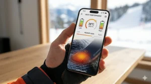 A graphic showing a smartphone app interface used to adjust temperature settings on heated skiing socks.