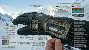 An illustration of a snowmobiler wearing heavy-duty heated mittens in sub-zero temperatures.