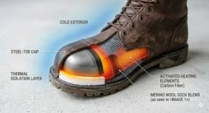 Cross-section illustration of how heated socks provide a thermal barrier against cold steel toe caps.