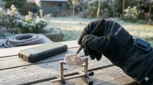 Illustration of a commuter using a smartphone with USB rechargeable heated gloves on, highlighting the conductive fingertips.