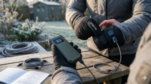 Close-up illustration of the USB charging port and slim battery pack integrated into a heated commuting glove.