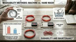 Illustration of a heated sock being placed in a mesh laundry bag to demonstrate machine-washable durability.