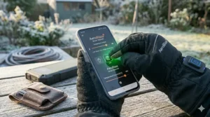 Cross-section view of the multi-layered waterproof and windproof fabric used in heated gloves for winter commuting.