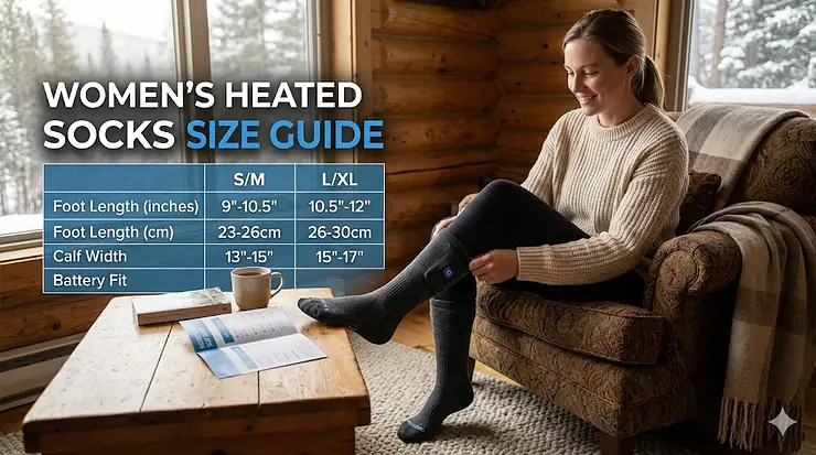 A woman sitting in a cozy cabin wearing heated socks with a size chart overlay for a women's heated socks size guide.