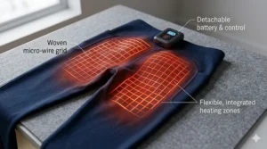 Close-up view of the detachable battery and control system integrated with the woven micro-wire grid of the leggings.